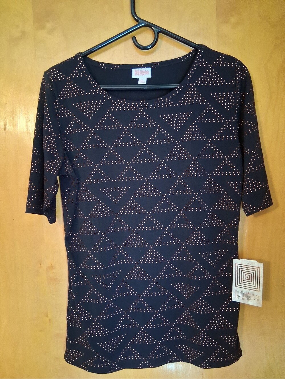 LuLaRoe Black Short Sleeve Top with Copper Metallic Dot Pattern